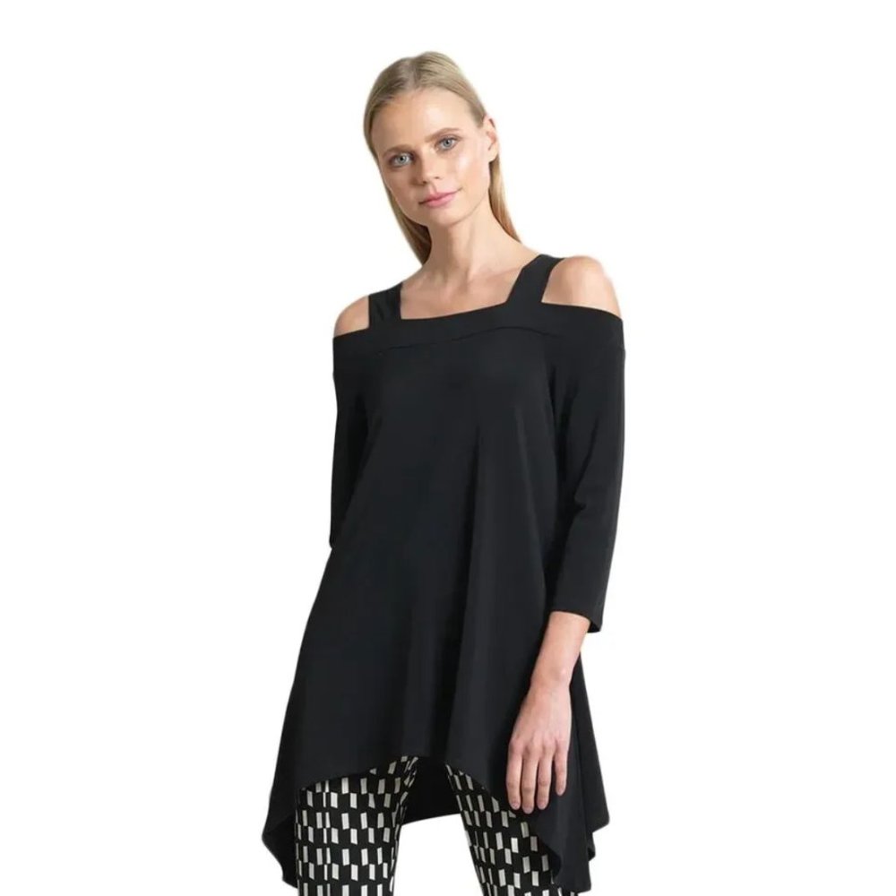 Clara Sun Woo Black Cold Shoulder Top Black 3/4 Sleeve Asymmetrical Tunic